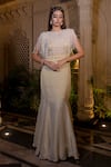 Buy_Farha Syed_Ivory Tissue, Chiffon Pearls, Sequins Round Neck Beige Fishcut Gown With Cape _at_Aza_Fashions