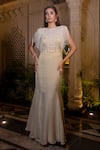 Buy_Farha Syed_Ivory Tissue, Chiffon Pearls, Sequins Round Neck Beige Fishcut Gown With Cape _Online_at_Aza_Fashions