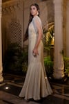 Shop_Farha Syed_Ivory Tissue, Chiffon Pearls, Sequins Round Neck Beige Fishcut Gown With Cape _Online_at_Aza_Fashions