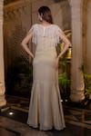 Shop_Farha Syed_Ivory Tissue, Chiffon Pearls, Sequins Round Neck Beige Fishcut Gown With Cape _at_Aza_Fashions