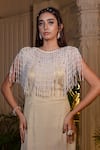 Farha Syed_Ivory Tissue, Chiffon Pearls, Sequins Round Neck Beige Fishcut Gown With Cape _at_Aza_Fashions