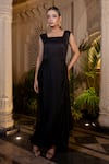 Shop_Farha Syed_Black Georgette Embroidery Round Neck Bamberg Satin Draped Gown And Jacket _Online_at_Aza_Fashions