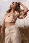 AFRIYA_Pink Linen, Satin Square Neck Whispering Pastels Crop Top _Online_at_Aza_Fashions