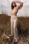AFRIYA_Pink Linen, Satin Square Neck Whispering Pastels Crop Top _at_Aza_Fashions