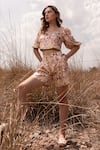 Buy_AFRIYA_Pink Linen, Satin Square Neck Whispering Pastels Crop Top And Shorts Co-ord Set _at_Aza_Fashions