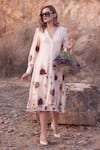Buy_AFRIYA_Cream Linen, Satin Lace V-neck Serene Garden Midi Dress _at_Aza_Fashions
