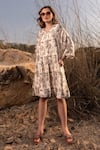 Buy_AFRIYA_Beige Linen, Satin V-neck Floral Reverie Kaftan Dress _at_Aza_Fashions
