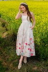 Buy_AFRIYA_Pink Linen, Satin Square Neck Multi Flower Meadow Long Dress 