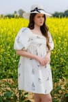 Buy_AFRIYA_Cream Poplin Open Neck Monochrome Fern Short Bow Dress _Online_at_Aza_Fashions