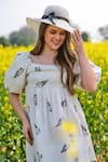 Shop_AFRIYA_Cream Poplin Open Neck Monochrome Fern Short Bow Dress _Online_at_Aza_Fashions