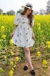Buy_AFRIYA_Cream Poplin Open Neck Monochrome Fern Short Bow Dress _at_Aza_Fashions
