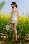 Shop_AFRIYA_White Poplin, Lycra Square Neck Monochrome Fern Co-ord Shorts Set _at_Aza_Fashions