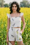 Buy_AFRIYA_White Poplin, Lycra Square Neck Monochrome Fern Co-ord Shorts Set _at_Aza_Fashions