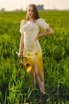 AFRIYA_Yellow Poplin, Lycra Round Neck Meadow Midi Dress _Online_at_Aza_Fashions