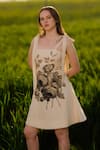 Buy_AFRIYA_Beige Poplin, Lycra Embroidery Square Neck Black Rose Short Dress _Online_at_Aza_Fashions