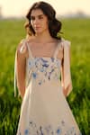 AFRIYA_Beige Poplin, Lycra Embroidery Square Neck Indigo Meadow Short Dress _Online_at_Aza_Fashions