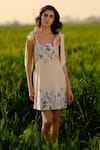 Buy_AFRIYA_Beige Poplin, Lycra Embroidery Square Neck Indigo Meadow Short Dress _at_Aza_Fashions