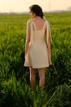 Shop_AFRIYA_Beige Poplin, Lycra Embroidery Square Neck Indigo Meadow Short Dress _at_Aza_Fashions