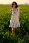 AFRIYA_Beige Poplin, Lycra Embroidery Square Neck Indigo Meadow Short Dress _at_Aza_Fashions