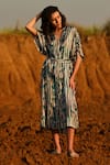 AFRIYA_Blue Modal, Satin V-neck Indigo Striped Kaftan Dress _Online_at_Aza_Fashions