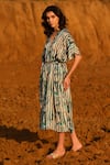 Buy_AFRIYA_Blue Modal, Satin V-neck Indigo Striped Kaftan Dress _Online_at_Aza_Fashions