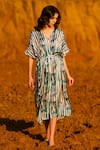 Buy_AFRIYA_Blue Modal, Satin V-neck Indigo Striped Kaftan Dress _at_Aza_Fashions
