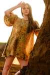 Buy_AFRIYA_Yellow Modal, Satin V-neck Multi Abstract Shirt Dress _Online_at_Aza_Fashions