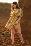 AFRIYA_Yellow Modal, Satin V-neck Multi Abstract Shirt Dress _at_Aza_Fashions