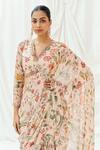 Redpine Designs_Pink Viscose Georgette Sequins V-neck Floral Print Pre-draped Saree With Blouse _Online_at_Aza_Fashions