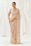 Buy_Redpine Designs_Pink Viscose Georgette Sequins V-neck Floral Print Pre-draped Saree With Blouse _at_Aza_Fashions