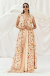 Buy_Redpine Designs_Pink , Crepe, Georgette V-neck, Floral Print Jacket Sharara Set _at_Aza_Fashions