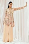 Buy_Redpine Designs_Pink Viscose Georgette Sequins, Mirrors Floral Print Peplum Kurta And Sharara Set _at_Aza_Fashions