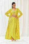 Buy_Redpine Designs_Yellow Viscose, Crepe Sequins, Cut Work Round Printed Jacket Draped Skirt Set _at_Aza_Fashions