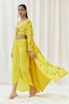 Redpine Designs_Yellow Viscose, Crepe Sequins, Cut Work Round Printed Jacket Draped Skirt Set _at_Aza_Fashions