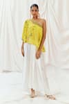 Redpine Designs_Yellow Viscose, Modal Sequins Asymmetric, One Printed Top Draped Skirt Set _Online_at_Aza_Fashions