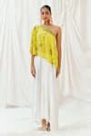 Shop_Redpine Designs_Yellow Viscose, Modal Sequins Asymmetric, One Printed Top Draped Skirt Set _Online_at_Aza_Fashions