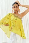 Redpine Designs_Yellow Viscose, Modal Sequins Asymmetric, One Printed Top Draped Skirt Set _at_Aza_Fashions