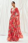Buy_Redpine Designs_Red Viscose Georgette Sequins V-neck Printed Pre-draped Saree With Blouse _Online_at_Aza_Fashions