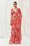 Shop_Redpine Designs_Red Viscose Georgette Sequins V-neck Printed Pre-draped Saree With Blouse _Online_at_Aza_Fashions