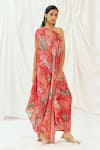 Redpine Designs_Red Viscose, Crepe One Shoulder Printed Kaftan With Pant _Online_at_Aza_Fashions