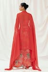 Shop_Redpine Designs_Red Viscose, Crepe Sequins V-, Open Printed Cape Draped Skirt Set _at_Aza_Fashions