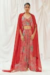 Buy_Redpine Designs_Red Viscose, Crepe Sequins V-, Open Printed Cape Draped Skirt Set _at_Aza_Fashions