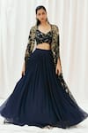 Buy_Redpine Designs_Navy Viscose Georgette, Viscose, Organza Sequins, Embroidery Cape Lehenga Set _Online_at_Aza_Fashions