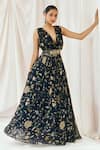 Redpine Designs_Navy Viscose, Organza Sequins V-neck Printed And Embroidered Gown _Online_at_Aza_Fashions