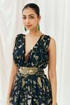 Buy_Redpine Designs_Navy Viscose, Organza Sequins V-neck Printed And Embroidered Gown _Online_at_Aza_Fashions
