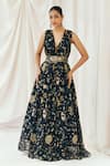 Buy_Redpine Designs_Navy Viscose, Organza Sequins V-neck Printed And Embroidered Gown _at_Aza_Fashions