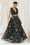 Redpine Designs_Navy Viscose, Organza Sequins V-neck Printed And Embroidered Gown _at_Aza_Fashions