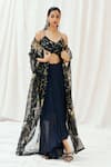 Redpine Designs_Navy , Organza, Georgette Printed Cape Draped Skirt Set _Online_at_Aza_Fashions