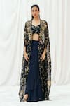 Buy_Redpine Designs_Navy , Organza, Georgette Printed Cape Draped Skirt Set _Online_at_Aza_Fashions