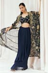 Redpine Designs_Navy , Organza, Georgette Printed Cape Draped Skirt Set _at_Aza_Fashions